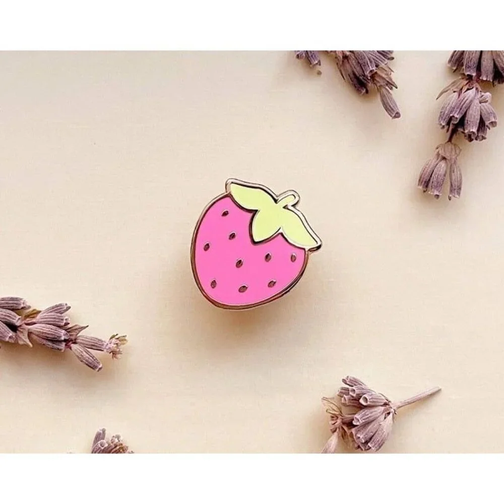 Mini Cute Strawberry Enamel Pin -‎ Gold Plated Food Lapel - Kawaii Jewelry